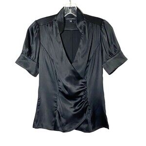 Banana Republic Stretch Silk Blend Ruched Blouse Womens Size 0 Black Tulip Hem